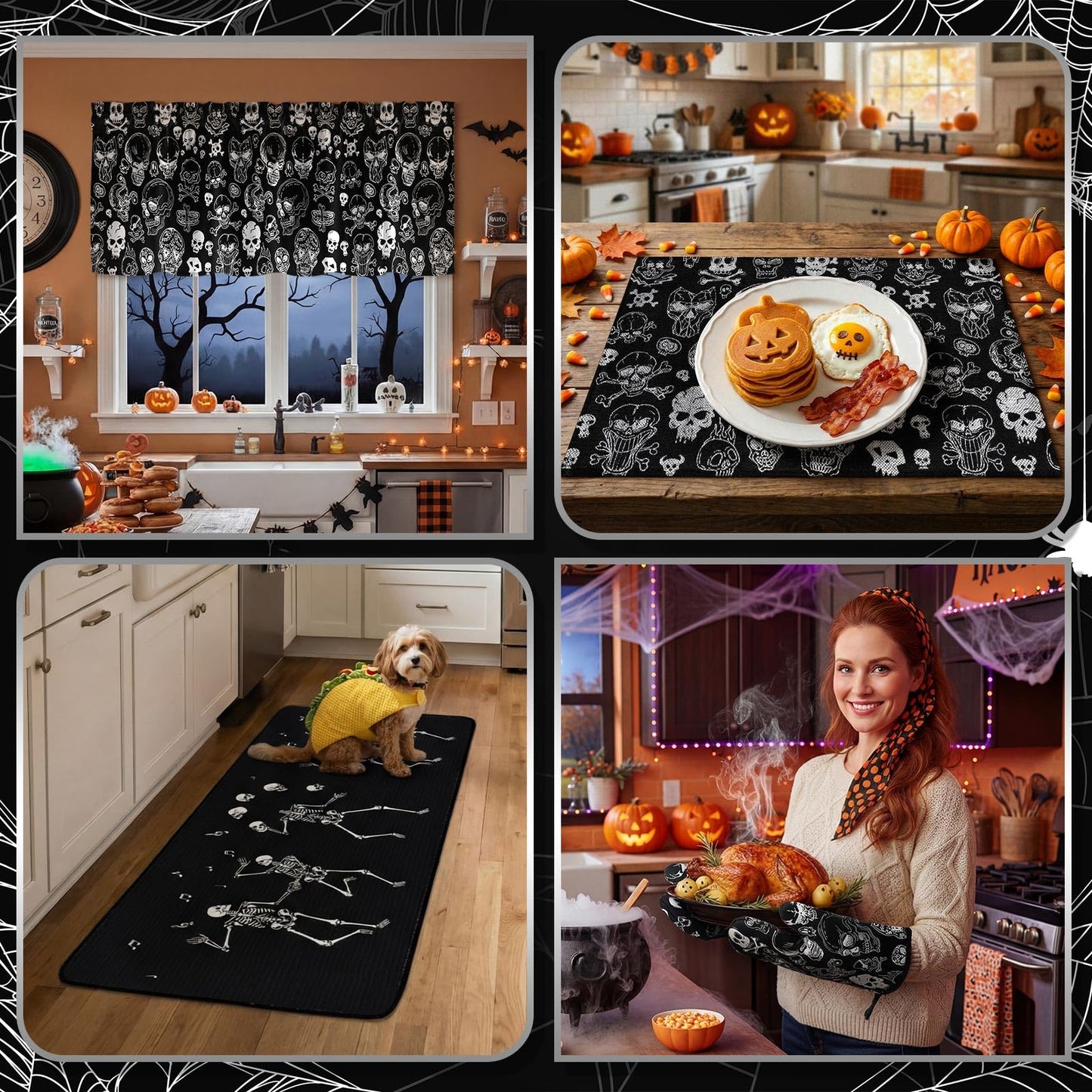 Fourluoo 16 Pcs Halloween Kitchen Decor and Accessories Set Black Skeleton Kitchen Towels and Dishcloths Non Slip Rugs Mats Oven Mitts and Pot Holders Scary Curtains Set for Home Decoration Gift