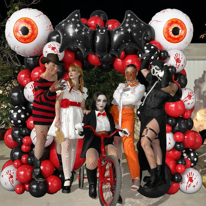 Halloween Balloons Garland Arch Kit, 94pcs Red Black White Polka Dot Balloons, Bloody Hand Print Balloon Eyeball Bat Mylar Balloon for Scream Creepy Gothic Halloween Horror Birthday Party Decorations