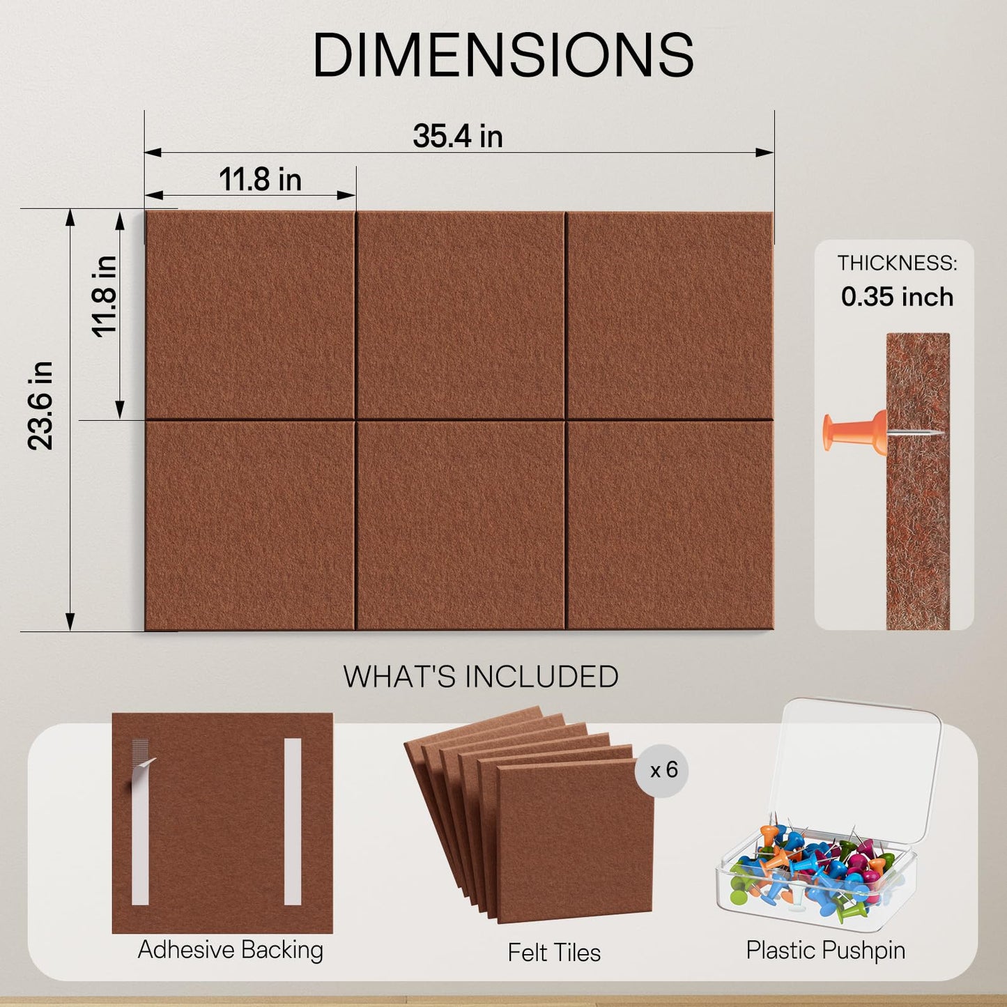 MaxGear Large Cork Board for Wall 36" x 24", Chocolate Brown Bulletin Board, 6 Pack Felt Wall Tiles with Pushpins, Cork Boards for Office Push Pin Board Tack Board Felt Board