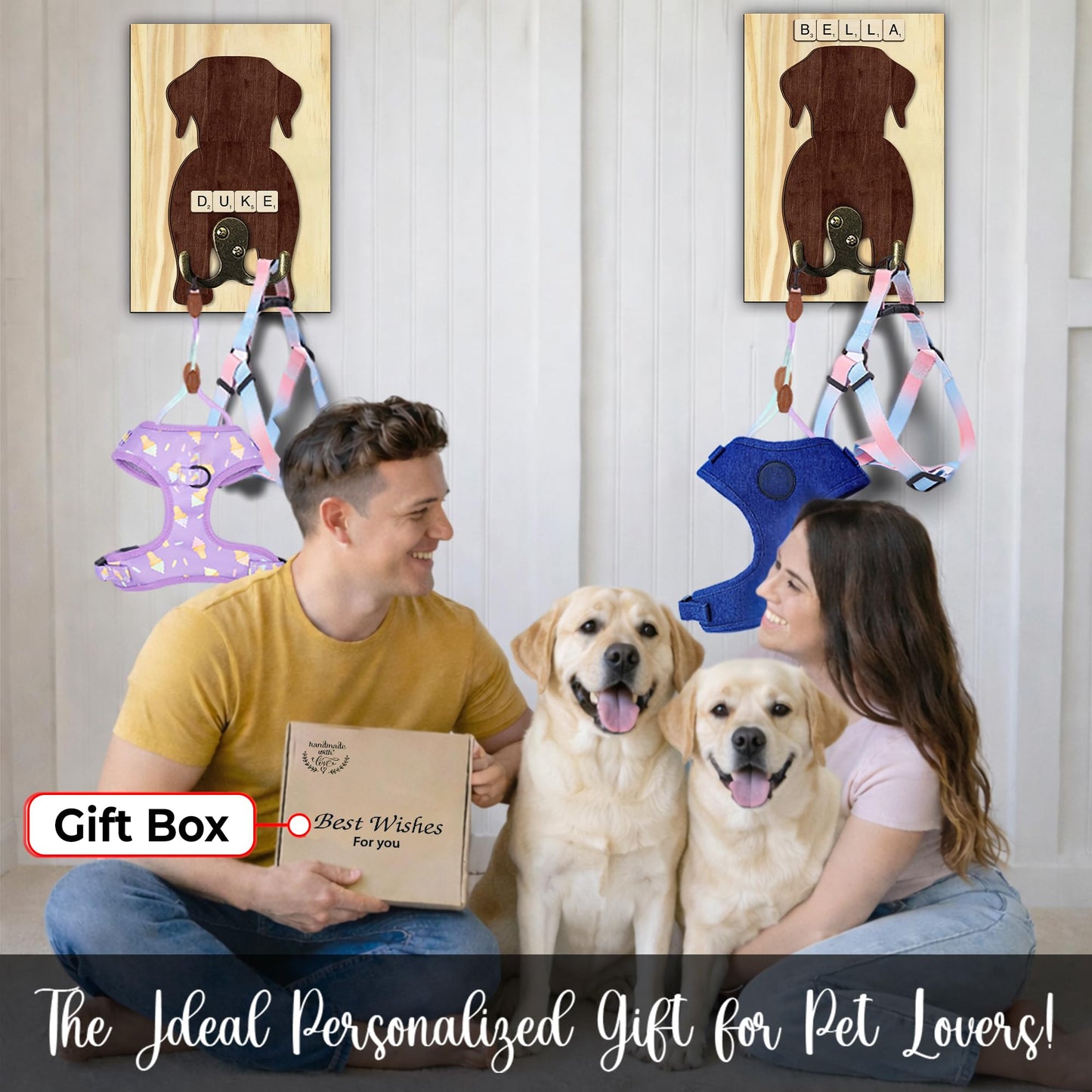 Labrador Retriever Dog Leash Holder Wall Mount with Scrabble Letters, Wooden Dog Wall Hook Organizer, Pet Collar and Harness Holder Entryway, Key Hook & Leash Rack, Home Decor for Pet Lovers PF297-48