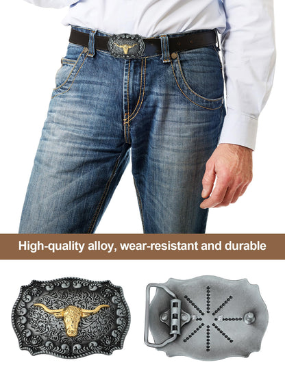 Toulite 4 Pcs Western Cowboy Accessories for Men Cowboy Hat Leather Rodeo Leather Necktie Cow Horn Belt Buckle Paisley Bandana for Western Outfit Halloween Cosplay