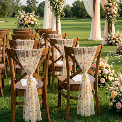 Jecery 16 Pcs Wedding Chair Decorations, Yellow Wildflower Chairs Sashes 6 x 108 Inch, Embroidered Tulle Chair Bows Ribbon Ties for Wedding Chairs Decor, Rustic Decor, Bridal Shower, DIY Craft