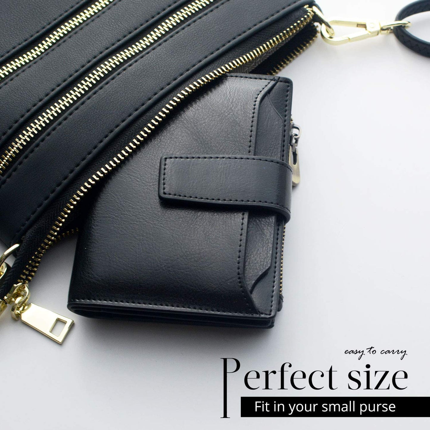Bveyzi Women's Small Leather RFID Blocking Bifold Zipper Pocket Wallet Ladies Credit Card Slots Purse with id Window(Black)