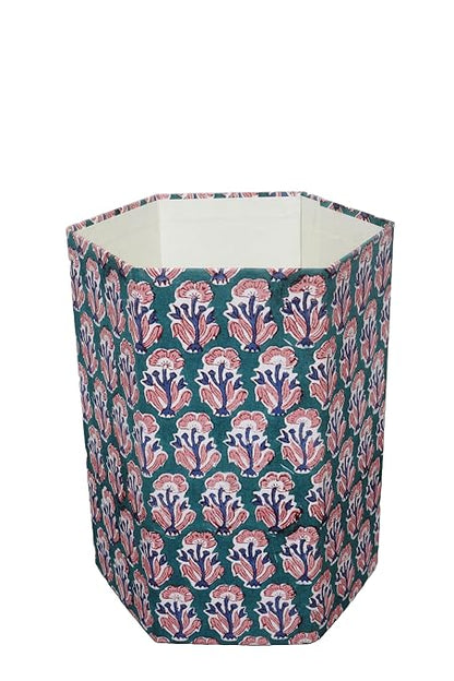 3.3 Gallon Cotton Hand Block Printed Paper Waste Basket |Small Decorative Trash Can for Housewarming Gifts in Living Room, Bedroom, Bathroom | Eco-Friendly, Plastic-Free (1, Green Blue RED Tree)