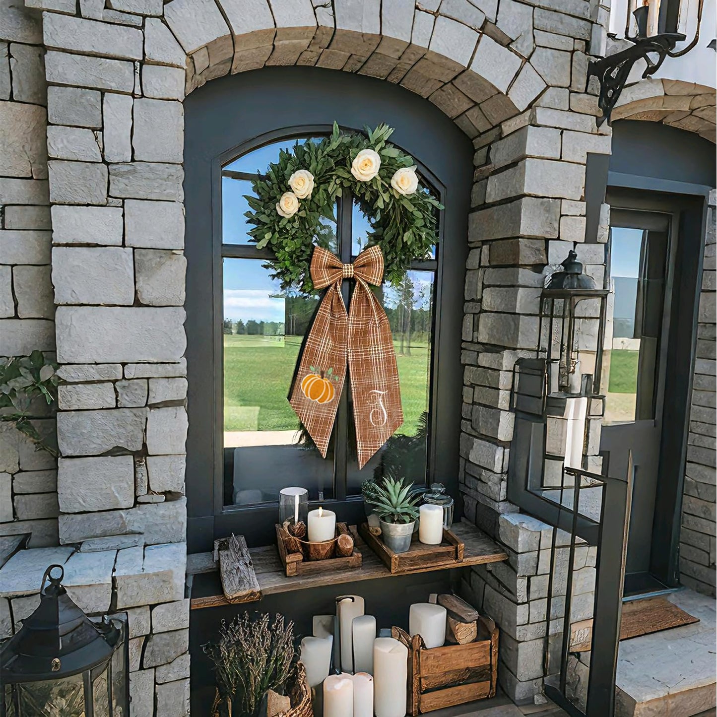 Autumn Door Wreath Sash Embroidered with White Letters and Pumpkins On A Plaid Wreath Sash Ideal for Housewarming Gifts, Autumn Thanksgiving, Halloween, and Christmas Porch Decorations -R