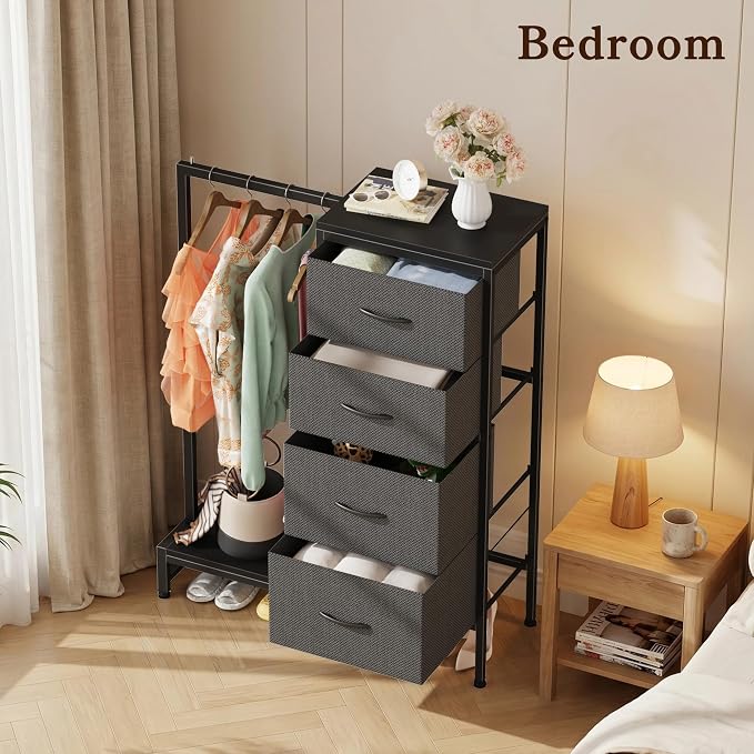 HIGDBFE Dresser with Hanging Rack, 4 Drawers Small Closet for Bedroom, Reversible Fabric Kids Chest of Drawers with Clothes Rack, Tall Storage Tower, Sturdy Frame, Grey, 44''H