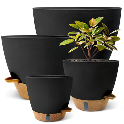MNKXL 12"/10"/9"/8" Self Watering Pots with Visual Water Window,Extra Large Self Watering Plant Pots with Drainage Holes & Saucers,Black Planters for Indoor Plants,4-Pack