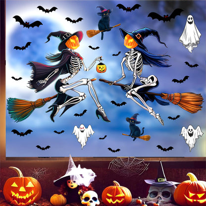 Halloween Window Decorations Decals Scary Skeleton Witches Window Stickers Double-Sided Bats Ghost Clings for Glass Removable Reusable Black Cat Static Decal for Indoor Outdoor Home Holiday Supplies