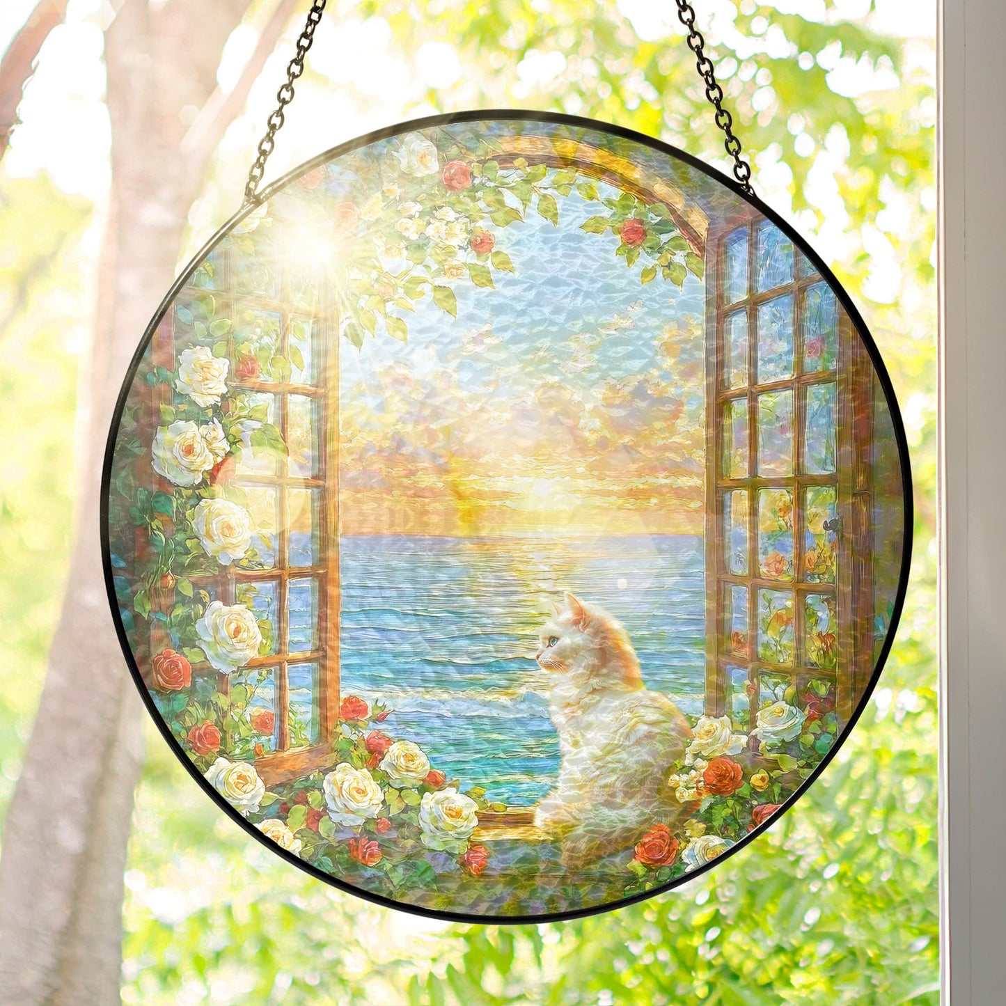 FLAGWIX Cat Gifts for Women - Stained Glass Window Hanging 8 in - Beach Gifts for Women Mom Grandma, Gift for Cat Lovers, Suncatcher Decor for Home, Best Coastal Decor