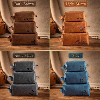 Personalized Leather Toiletry Bag for Men - Handmade Custom Travel Size Dopp Kit, Gift for Graduation, Husband, Boyfriend, Birthday, Wedding, Anniversary, Groomsmen, Grandpa, Him, Father’s Day Gifts