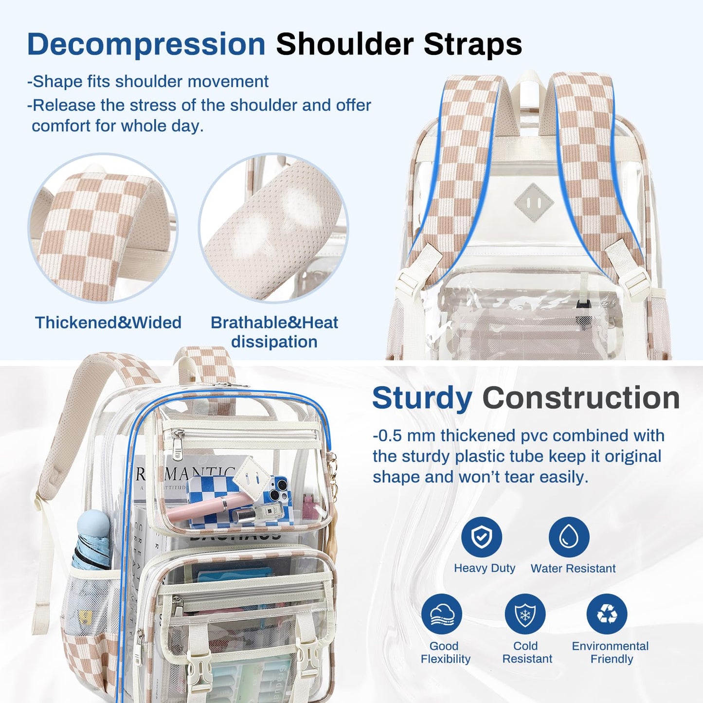 Sisipoet Clear Backpack, Heavy Duty Clear Bookbag PVC Transparent Backpack for School for Teens Girls Women with Leather Pendant,Khaki