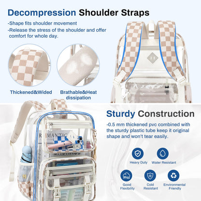 Sisipoet Clear Backpack, Heavy Duty Clear Bookbag PVC Transparent Backpack for School for Teens Girls Women with Leather Pendant,Khaki