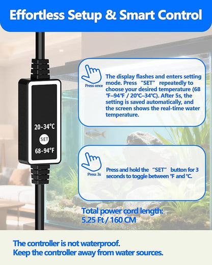 300W Titanium Aquarium Heater with LED Digital Display & External Controller – Submersible Fish Tank Heater, Precise ±1.8℉, IP68 Waterproof, for 30-65 Gallon Freshwater & Saltwater Tanks
