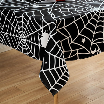 VEDACHIC Halloween 52x70 Tablecloth Rectangular Black Spider Web Table Cloth - Oblong Polyester Cobweb Black Halloween Table Cover Washable Waterproof for Party Picnic Kitchen Indoor Outdoor Décor