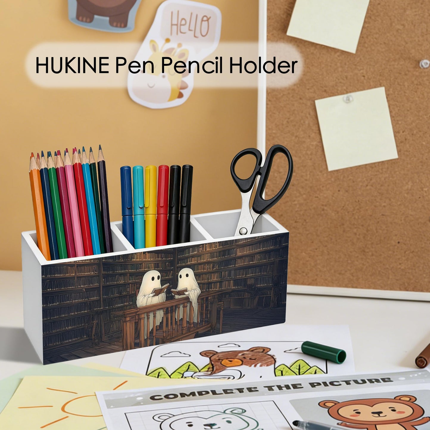 HUKINE Gothic Ghost Bookish Pen Holder for Desk Decoration, Spooky Ghost Reading Book Wooden Box Sign Pencil Holder Organizer for Home Office Desk Accessories, Book Lover Gifts