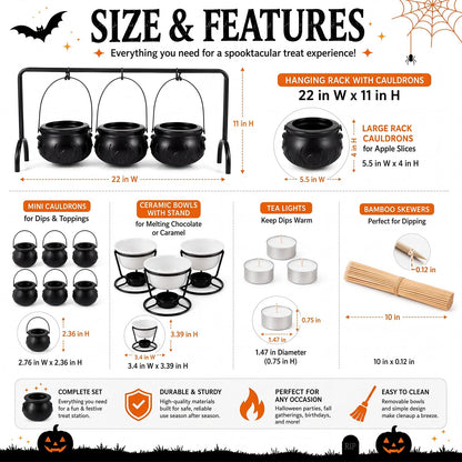 SiliFine 15pcs Halloween Party Decorations DIY Caramel Apple Dipping Bar Set 3 Witches Cauldron Serving Bowls on Rack, Ceramic Cups, Black Cauldrons, Bamboo Picks Witchy Table Decor for Holiday