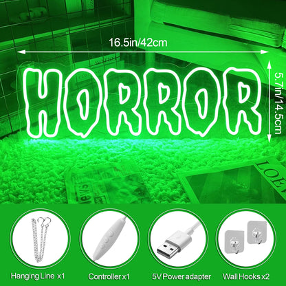 Horror Neon Sign – Green LED Wall Light for Halloween Party Decor, USB Powered Dimmable Gothic Accent for Bedroom or Spooky Room Setup, 16.5"×5.7"