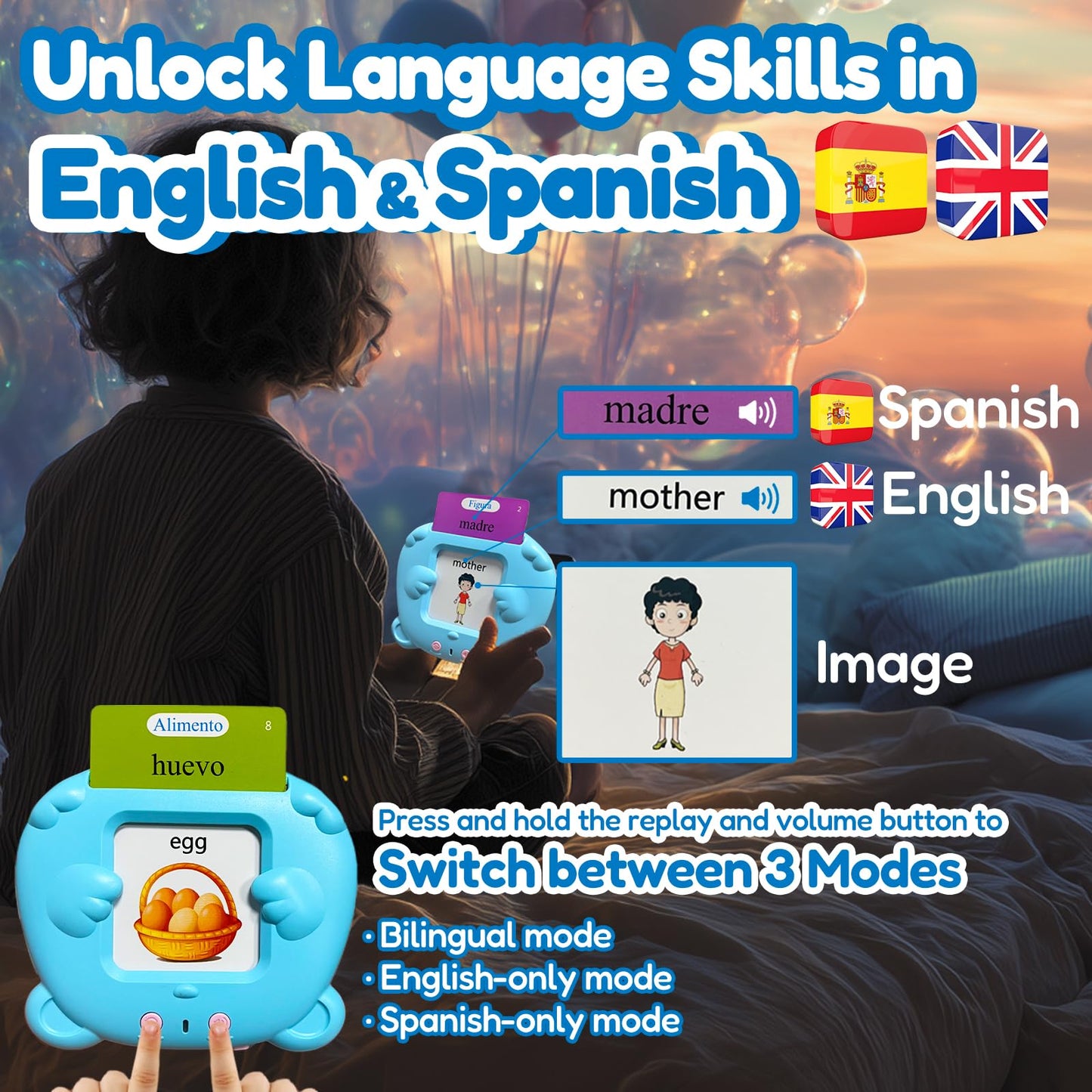 MoLingvora Bilingual Talking Flash Cards for Kids - Español Spanish English Flashcards Children Adults, 510 Sight Words, ABC Alphabet, Pocket Speech for Toddlers, Audible Sensory Toys (Spanish, Blue)