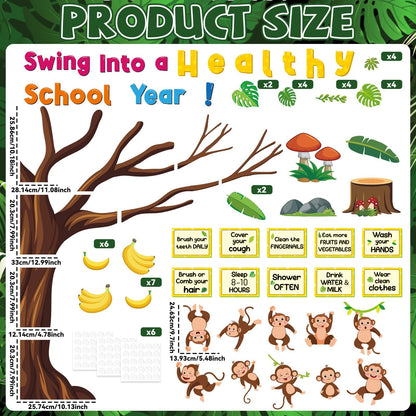 gisgfim Monkey Health Bulletin Board Set Healthy Habits Classroom Decoration Jungle Animal Paper Cutouts for Back to School Swing Into a Healthy School Year Tree Wall Chalkboard Decor Teacher Supply