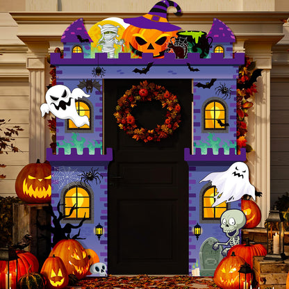 Tiamon Halloween Haunted Building Banner Scary Archway Door Archway Decorations Pumpkin Ghost Skull Hanging Porch Banner for Halloween Photo Prop Backdrop Party Decor Supplies