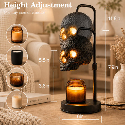 Skull Candle Warmer Lamp with Timer and Dimmer, Gothic Candle Holder Height Adjustable with 2 Light Bulbs,Black Spooky Gothic Home Decor,Halloween Witchy Gifts