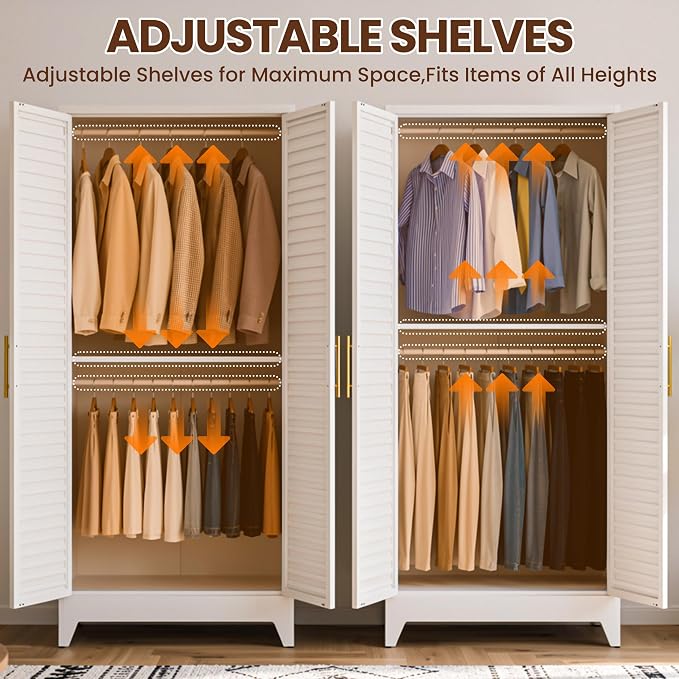 Metal Armoire Wardrobe Closet, 71" Clothing Storage Cabinets with Adjustable Hanging Rod, Louvered Doors, 2 Side Hooks & 2 Adjustable Rod- Closet Cabinet for Bedroom, Laundry Room, Cloak Room
