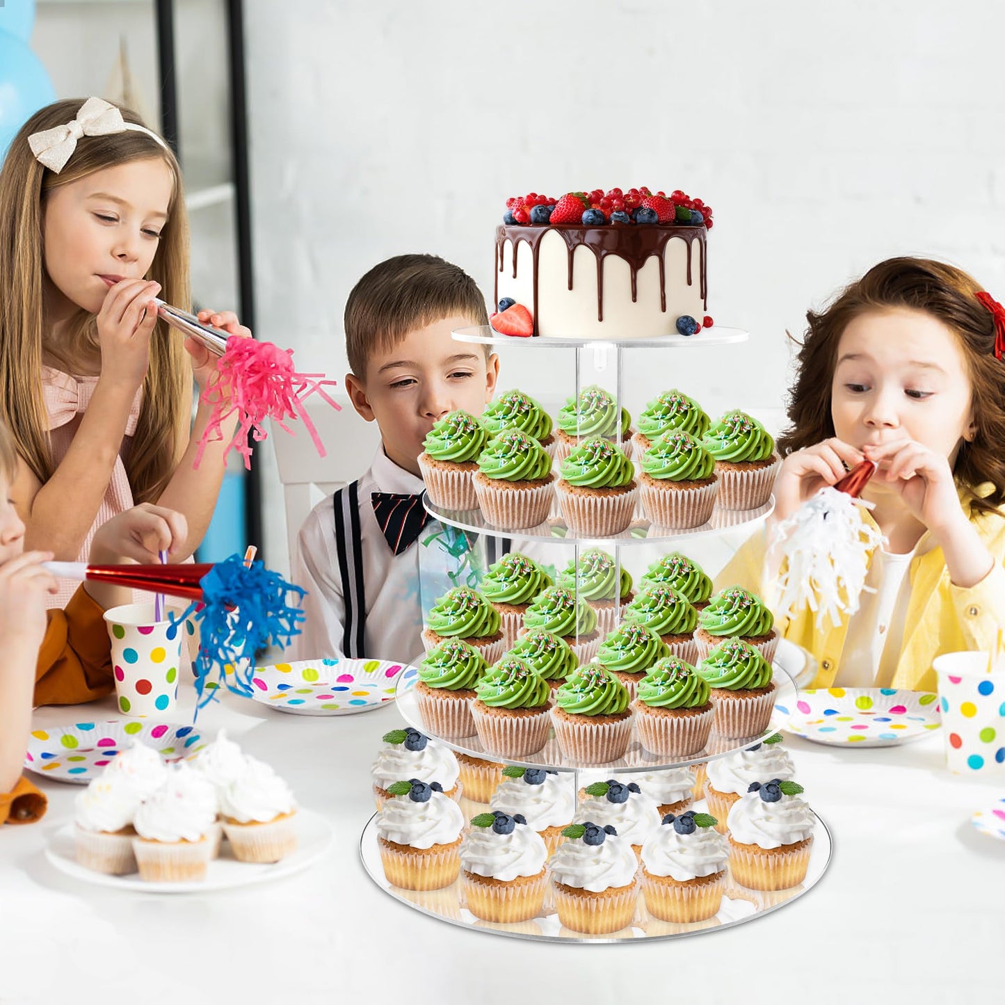 LoveDisplay Cupcake Stand, 4 Tier Cupcake Stand for 50 Cupcakes, Round Tiered Cupcake Tower, Clear Acrylic Cupcake Holder, Dessert Stands for Party, Wedding, Birthday, Baby Shower, Halloween