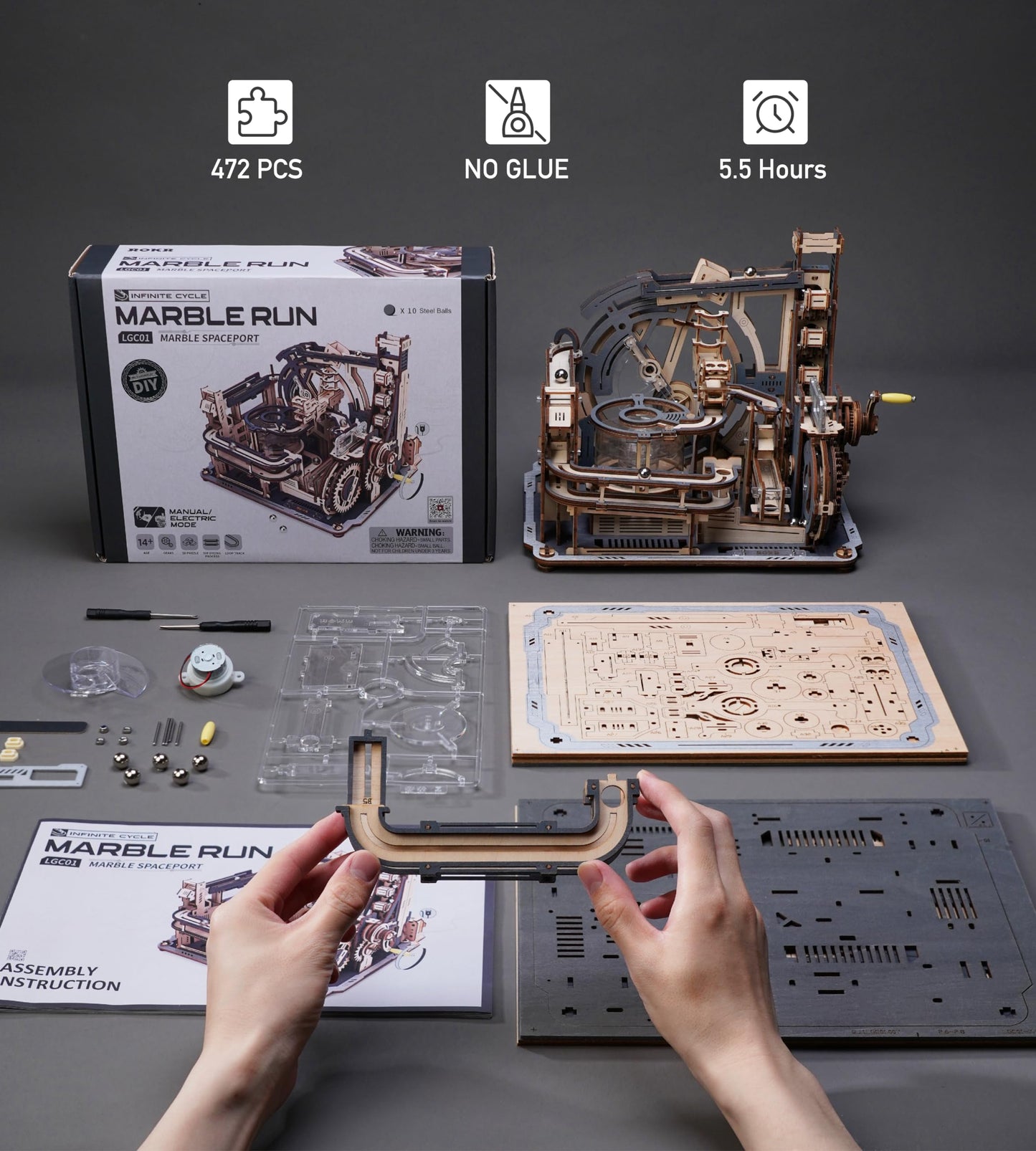 ROBOTIME Motorized Wooden Puzzles for Adults - 3D Puzzles for Adults LGC01 Marble Spaceport - Wooden Marble Run Model to Build - Space/STEM/Engineering Gift