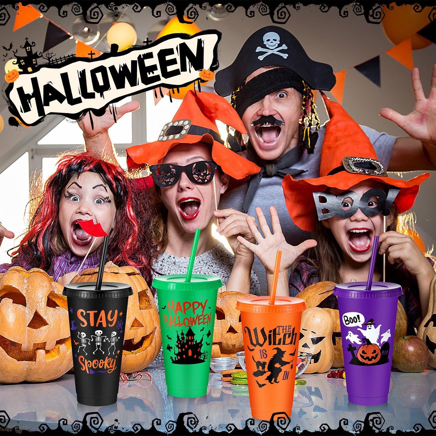 Chuangdi 30 Pack Halloween Plastic Tumbler with Lids and Straws Reusable Plastic Cups Spooky Cups Bulk for Kids Adults Halloween Party Birthday Supplies(24 oz,Pumpkin)