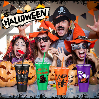 Chuangdi 30 Pack Halloween Plastic Tumbler with Lids and Straws Reusable Plastic Cups Spooky Cups Bulk for Kids Adults Halloween Party Birthday Supplies(24 oz,Pumpkin)