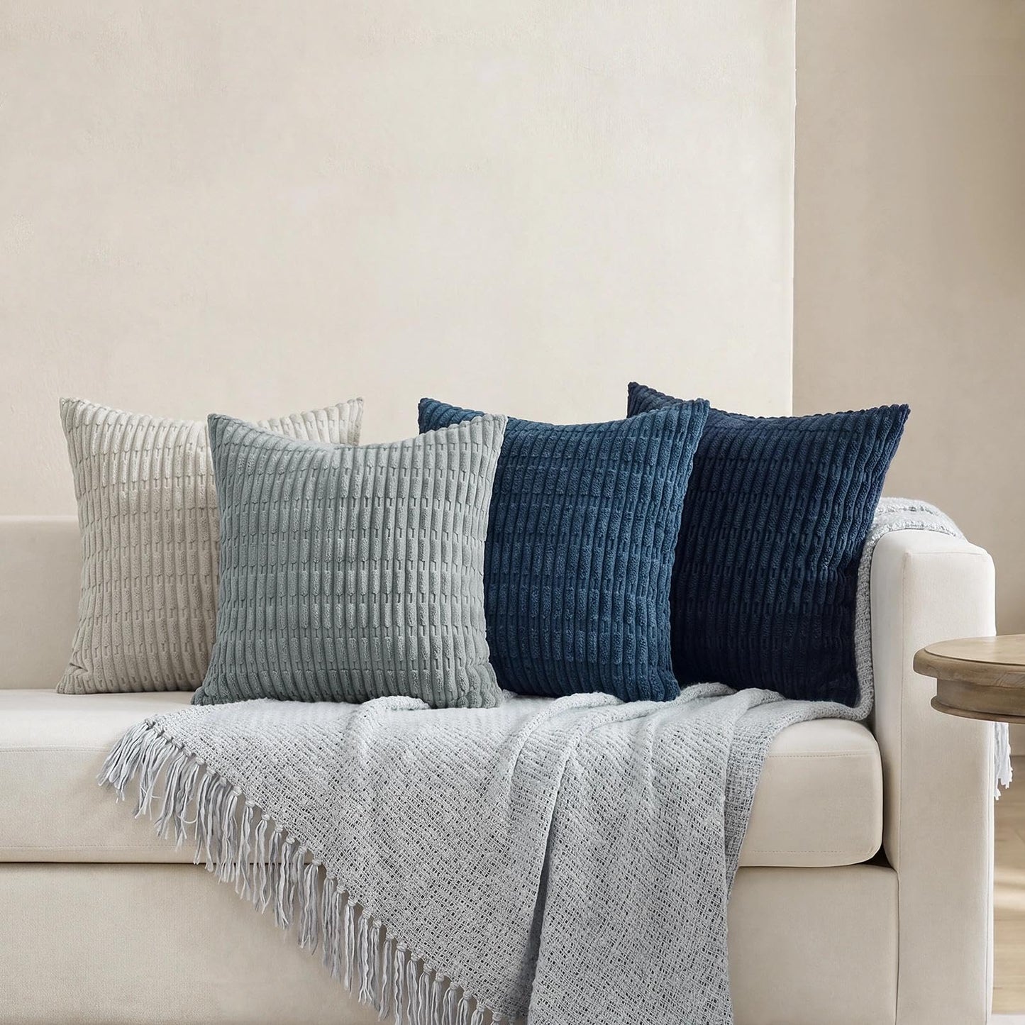 Softalker Throw Pillow Covers 18x18 Inch, Set of 4, Corduroy Soft Striped Farmhouse Boho Pillow Cover, Modern Decorative Cushion Pillow Case for Couch Sofa Bedroom Living Room, Grey/Blue