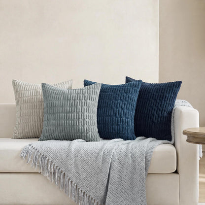 Softalker Throw Pillow Covers 18x18 Inch, Set of 4, Corduroy Soft Striped Farmhouse Boho Pillow Cover, Modern Decorative Cushion Pillow Case for Couch Sofa Bedroom Living Room, Grey/Blue