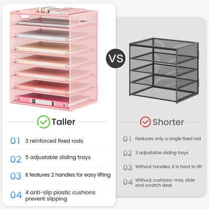 Lavatino 2 Pack 8-Tier Office Desk File Organizer, Letter Tray Paper Organizer with Handle, Including 5 Adjustable Slide Trays for Organizing Desk Workspace Accessories and Supplies (Pink Mesh)