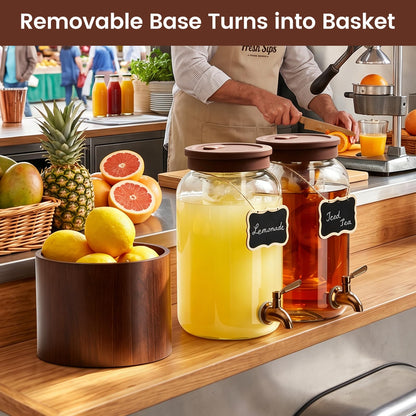 1 Gallon Glass Drink Dispenser for Parties, Beverage Dispenser with Wooden Stand, Silicone Lid and Stainless Steel Spigot, Ideal for Lemonade, Juice, Sun Tea, and Party Drinks