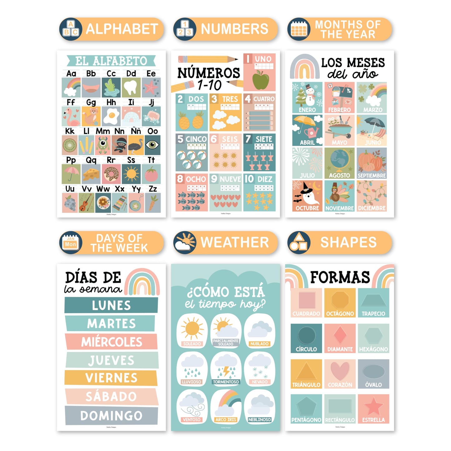 Hadley Designs Spanish Posters for Classroom - 12 Bilingual Educational Posters for Spanish Classroom Decorations Must Haves, Calendario y Alfabeto en Español Para la Pared, Boho Teacher Supplies