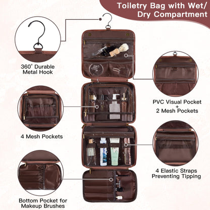 Aganmi Personalized Gifts for Men Hanging Toiletry Bag, Custom Waterproof PU Leather Dopp Kit with Laser Engraved Name, 3-in-1 Detachable Shaving Bag Gifts for Husband Dad Groomsmen Reddish Brown