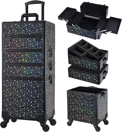 Stagiant Rolling Makeup Case Cosmetology Case on Wheels 4 in 1 Large Makeup Travel Case Nail Kits Organizer Train Case with Key Make Up Artist Salon Storage Traveling Cart Trunk Black Star