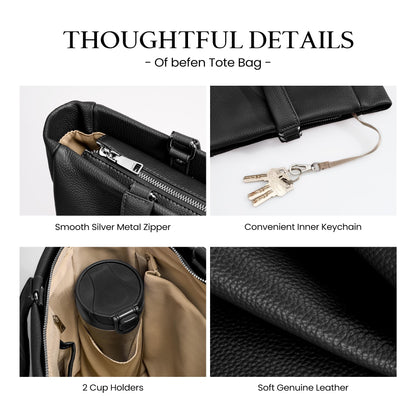befen Black Genuine Leather Work Tote Bag for Women, Womens Totes Shoulder Purses Satchel Handbags with 15.6" Compartment & Water Cup Holder