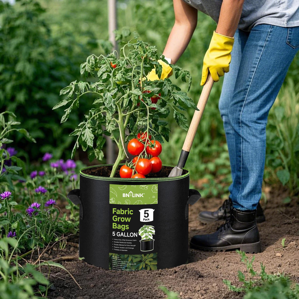 BN-LINK 5-Pack 5 Gallon Grow Bags, Heavy Duty Aeration Fabric Pots with Handles, Thickened Nonwoven Plant Bags for Vegetables, Flowers, Fruits