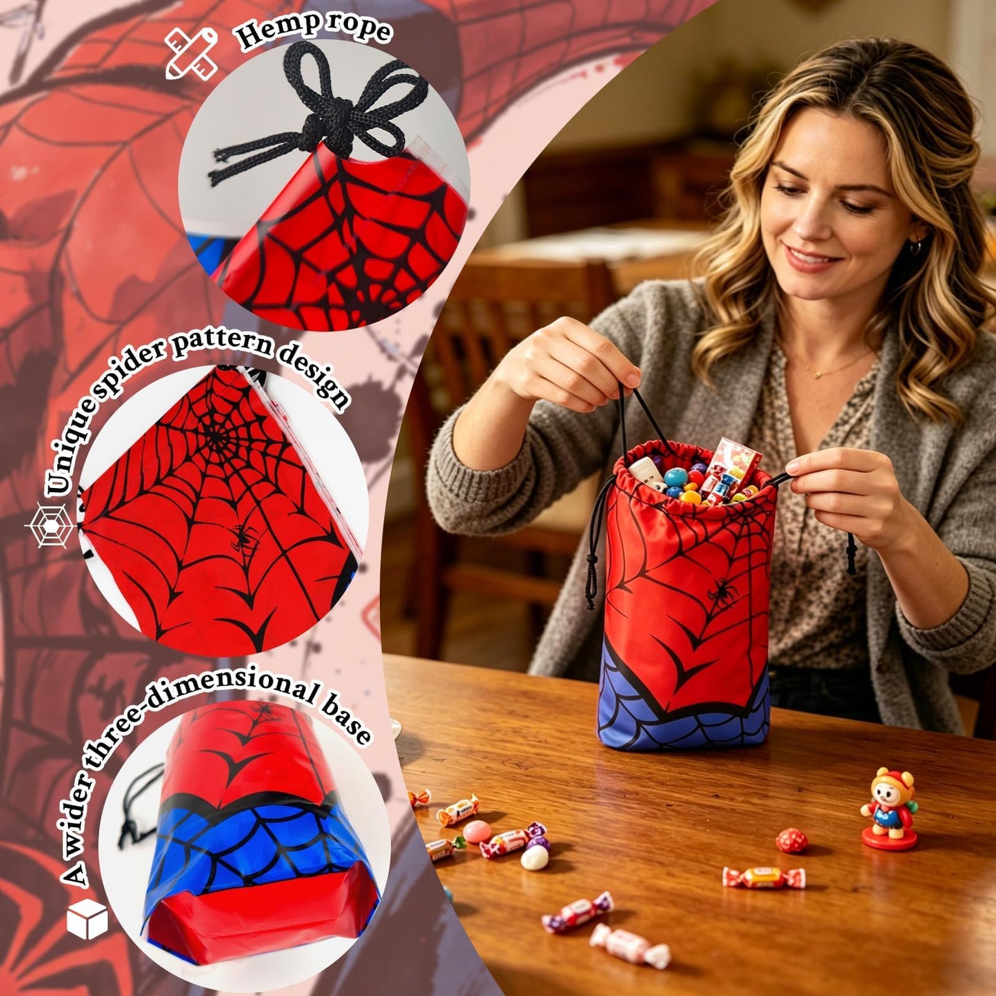 HLHLLSW 50 PCS Spider Web Drawstring Bags, Red Blue Plastic Goodie Candy Bags with Drawstring, for Kids Spider Theme Birthday Party Favors Decorations & Supplies