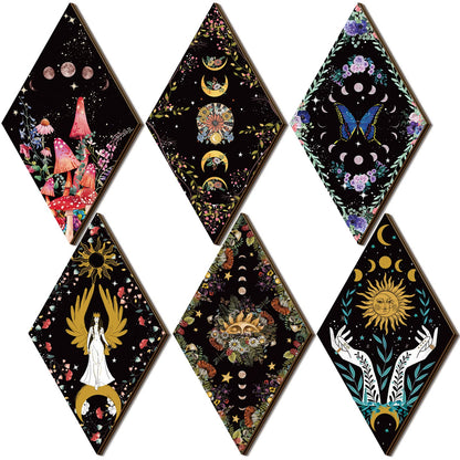 Qunclay 6 Pcs Witchy Gothic Wall Decor, Rustic Boho Moon Phase Sun Mushroom Star Hanging Wooden Ornament for Bedroom Living Room Gallery, Celestial Goth Home Decoration Farmhouse Pediments(Moon Sun)