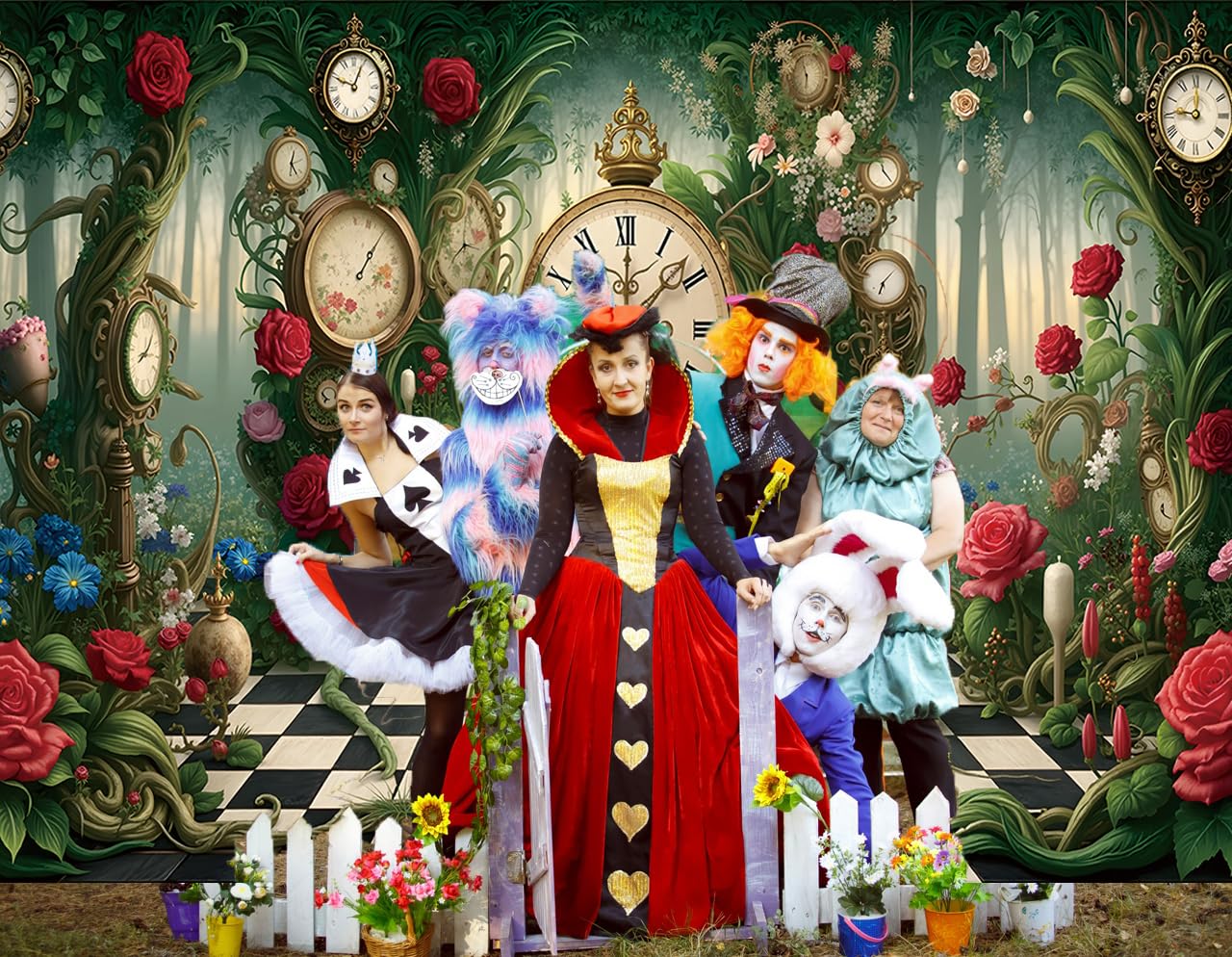 Halloween Wonderland Backdrop Tea Party Enchanted Garden Floral Green Grass Fairy Clock Checkerboard Photography Background Baby Shower Newborn Kids Birthday Party Banner Photo Props 7x5FT