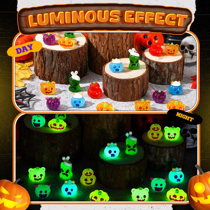 Seenelling 72 Pcs Halloween Mini Pumpkins Ghost Figures Luminous Small Resin Pumpkin Cute Miniature Ghost Ornament Glow in Dark for Halloween Garden Decoration Crafts
