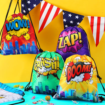 Kajaia Hero Party Favors Bags Comic Heroes Drawstring Backpacks Goodie Candy Gift Bags for Back to School Birthday Party Supplies(18 Pcs)