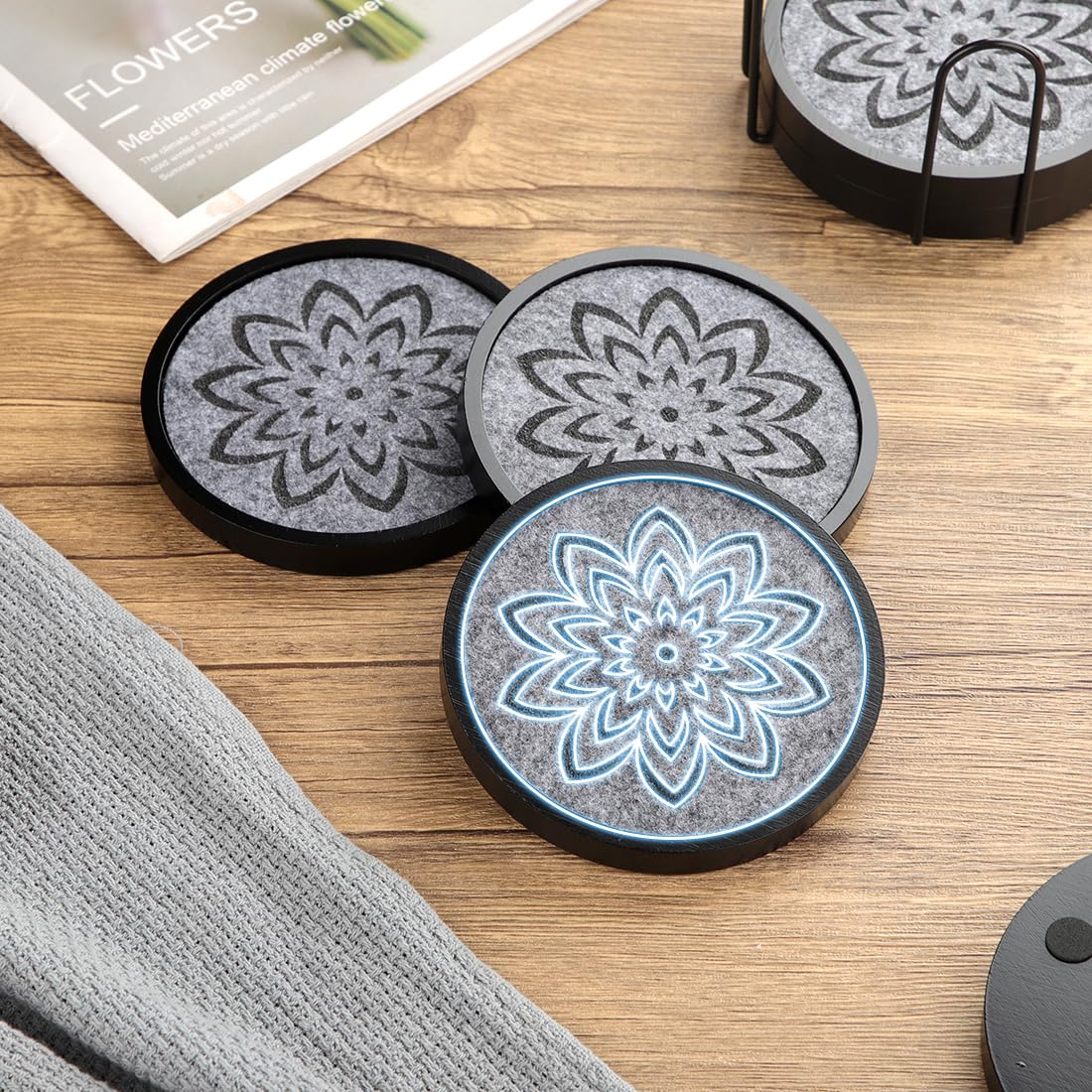 LiWiBet Elegant Black Wood Coasters with Gray Felt & Holder Non Stick, Absorbent Drink Coasters Set of 6 4.33in Rustic Wooden Coaster for Coffee Tabletop Protection Suitable for Kinds of Cups