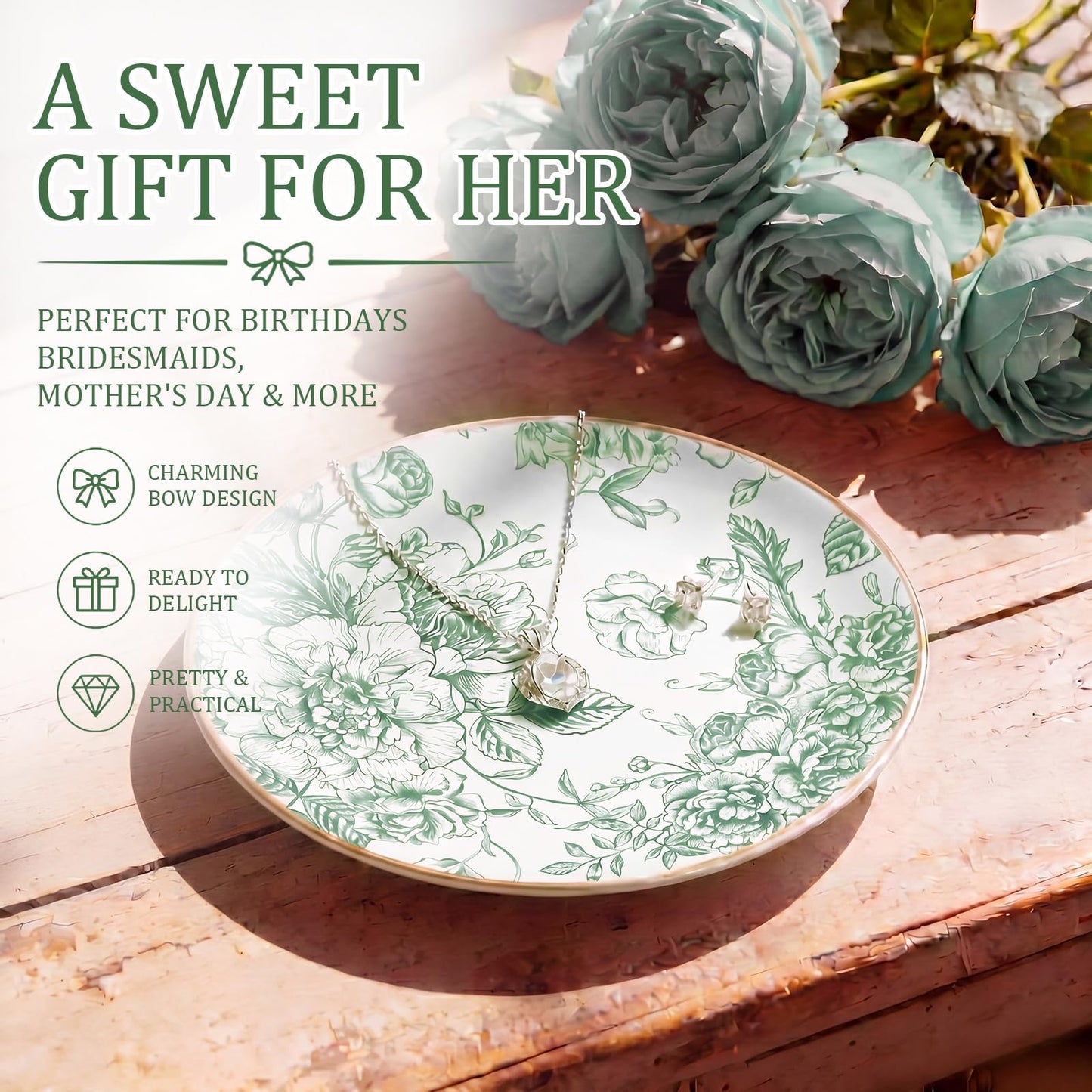 Mifoci Floral Ceramic Jewelry Tray Ring Holder Trinket Dish for Rings Earrings Necklaces Tray Gift for Women Girls(Green)