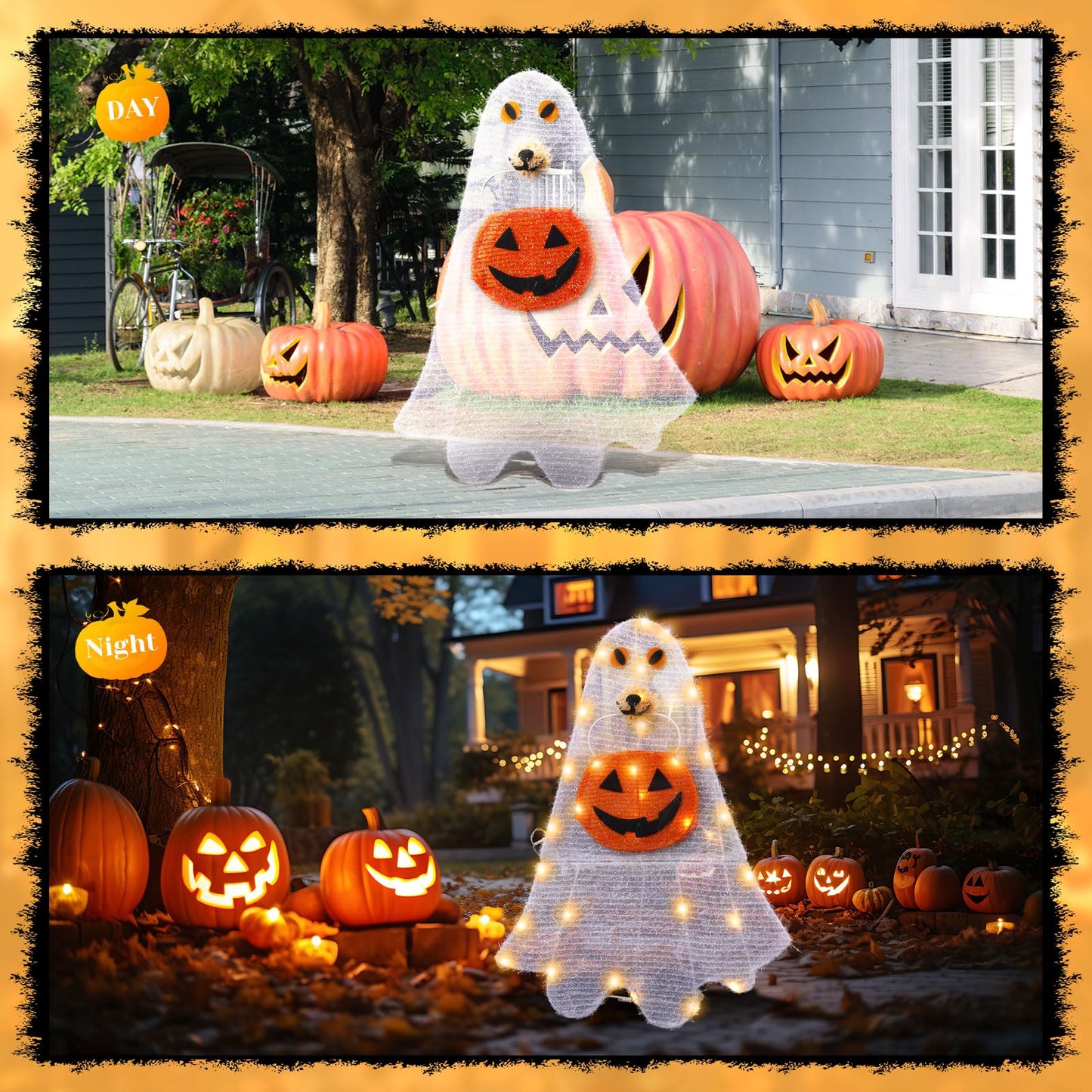 Retisee Lighted Halloween Ghost Dog Puppy with Pumpkin Outdoor Decoration Pre-lit 2D Tinsel Spooky Ghost Dog Halloween Lighted-up Party Courtyard Porch Garden Lawn Display Decor, Not Include Battery