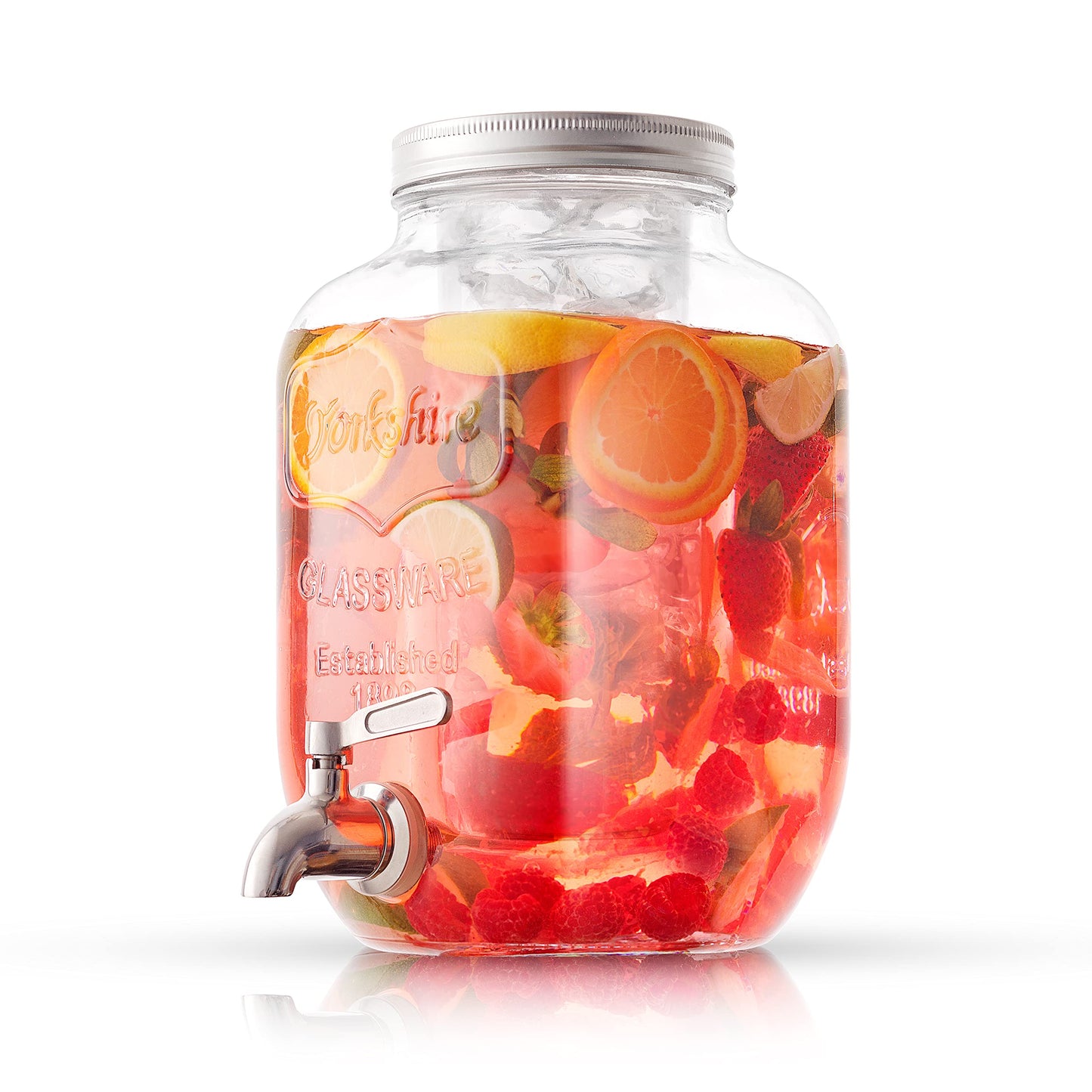 1-Gallon Drink Dispenser. Glass Beverage Dispenser with Stainless steel Spigot plus Ice Cylinder and Fruit Infuser! Water Dispenser, Lemonade Stand, Juice Container - Drink Dispensers for Parties