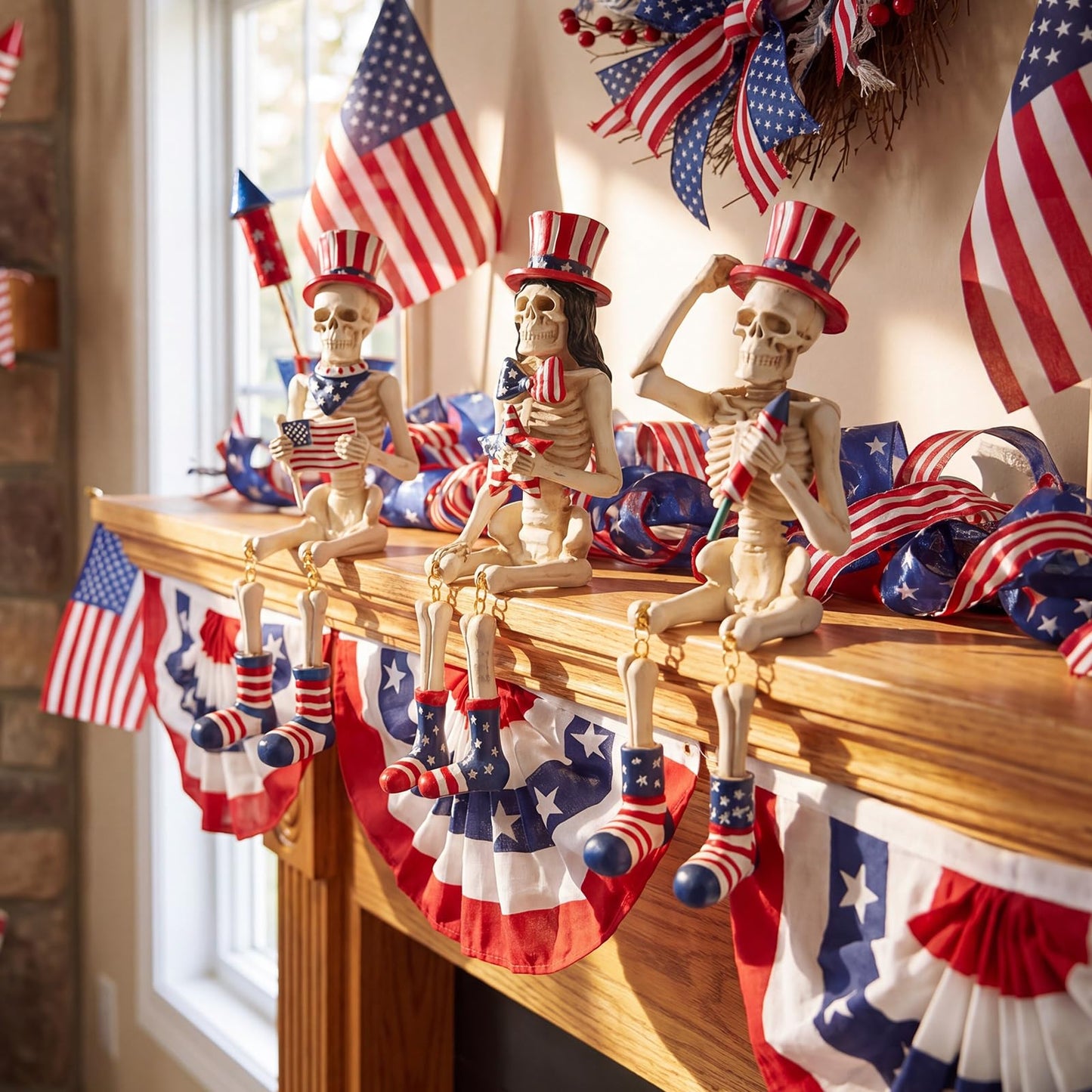 Soulchen 3 Pcs 4th of July Decorations Patriotic Skeleton Table Decor Skeleton Figurines Blue Red White American Flag Tabletop Decor for 250th Independence Day, Home Office Indoor Outdoor Party