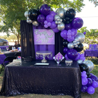 ADOINBY Purple and Black Balloon Arch Kit, 140Pcs Black Purple Metallic Silver and Confetti Balloon Garland kit, 22 18 12 10 5 Inch Different Size Balloons for Halloween Birthday Party Decorations